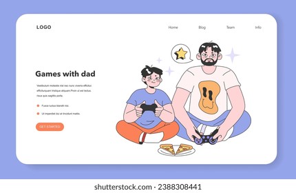 Father and son playing video games together web banner or landing page. Fatherhood happiness and positive parenting. Happy loving family communication. Daily life. Flat vector illustration.
