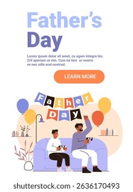 Father and son playing video games celebration living room balloons festive home decor modern website banner