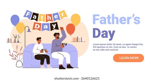 Father and son playing video games together celebrating holiday with balloons festive home decor sofa living room interior website banner
