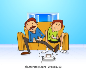 Father and Son playing video games together, concept for Happy Father's Day celebrations.