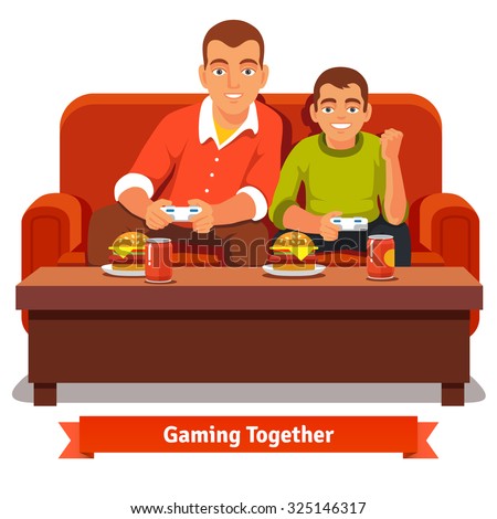 Father and son playing video games on red sofa and having a meal. Big and small brother. Flat style vector illustration isolated on white background.