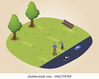 Father and son plays radio control car isometric 3d vector concept for banner, website, illustration, landing page, flyer, etc.
