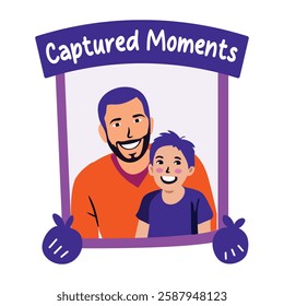 Father son portrait with captured moments text, flat sticker