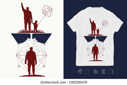 Father and son. Print for t-shirts and another, trendy apparel design. Concept of memory. Immortality of human life 