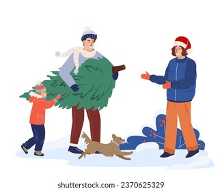 Father and son are pulling a Christmas tree. Happy family carries a Christmas tree home, preparing for the winter Christmas holiday. Flat cartoon vector illustration on white background