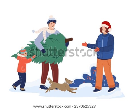 Father and son are pulling a Christmas tree. Happy family carries a Christmas tree home, preparing for the winter Christmas holiday. Flat cartoon vector illustration on white background