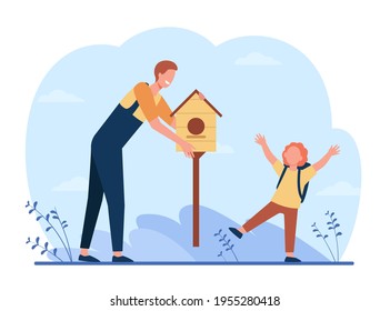 Father And Son Putting Birdhouse Outside. Adult And Child Sharing Carpentry Hobby, Caring About Birds Flat Vector Illustration. Ecology, Hobby Concept For Banner, Website Design Or Landing Web Page