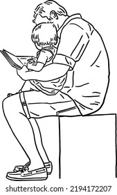 Father and Son reading book Family activity Hand drawn Line art Illustration