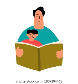 Father and son reading a book. Hand drawn vector illustration on white background. 
