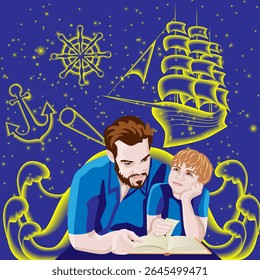 Pai e filho lendo livro. Céu estrelado mágico com aventura no mar. Dia Internacional dos Amantes do Livro. Faixa. Ilustração isolada de vetor.