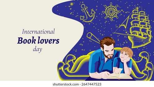 Father and son reading book. Magical starry sky with sea adventure. International Book Lovers Day. Horizontal template. Isolated vector illustration.