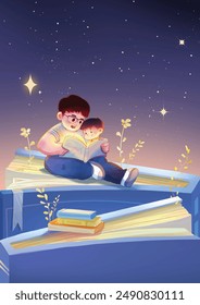 Father and son reading book on bookcase