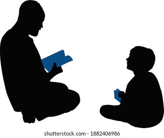 Father And Son Reading Book, Silhouette Vector