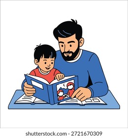 Padre e hijo leyendo un libro en una mesa sobre un fondo blanco Palabras claves: padre, hijo, niño
