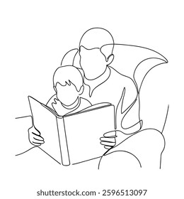Father and Son Reading Book Together, Line Art Illustration