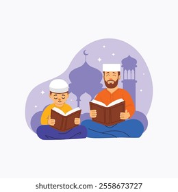 Father and Son Reading holy book Quran Together in Harmony