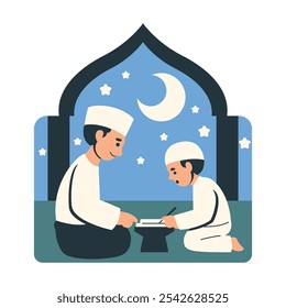 Father and Son Reading Quran Under the Night Sky