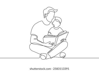 Father and Son Reads a Book Continuous One Line Drawing. Minimalist Family Reading Portrait in Continuous One Line Style. Happy Father`s Day Graphic Sketch Artwork Vector Illustration. Not AI
