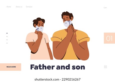 Father and son relationship landing page design template with dad teaching teen boy shaving face