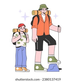 Father and son relationship. Outdoor camping and hiking. Happy child and dad exploring nature on summer holidays. Kid camping with family. Little boy with his father. Flat vector illustration