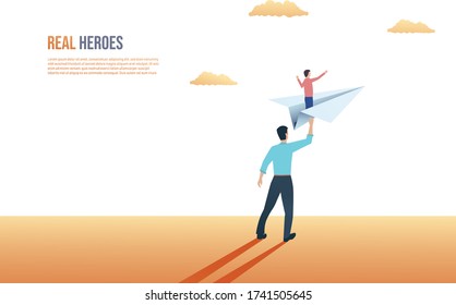 Father and son relationship vector concept. Father sending son on paper plane to future, giving hip support. Symbol of family, togetherness and happy times. Eps10 illustration.