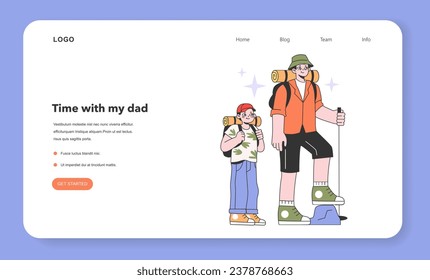 Father and son relationship web banner or landing page. Outdoor camping and hiking. Happy child and dad exploring nature on summer holidays. Little boy with his father. Flat vector illustration