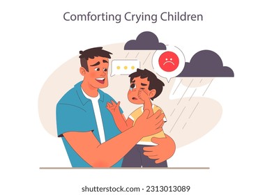 Father and son relationships. Happy loving family, positive parenting and nurturing. Care, trust and support between parent and a child. Man comforting his crying little boy. Flat vector illustration.