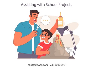 Father and son relationships. Happy loving family, positive parenting and nurturing. Man and little boy daily life. Dad helping a little student with a school project. Flat vector illustration.