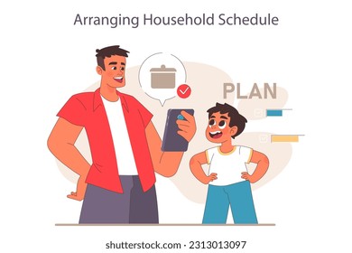 Father and son relationships. Happy loving family, positive parenting and nurturing. Man and little boy daily life, characters arranging household schedule and chores. Flat vector illustration.