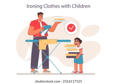 Father and son relationships. Happy loving family, positive parenting. Man and little boy daily life, characters doing household chores, ironing clothes together. Flat vector illustration.