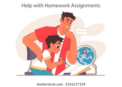Father and son relationships. Happy loving family, positive parenting and nurturing. Man and little boy daily life. Dad helping a little student with a school homework. Flat vector illustration.