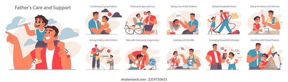 Father and son relationships set. Happy loving family, positive parenting and nurturing. Care, trust and support between parent and a child. Man and little boy daily life. Flat vector illustration.