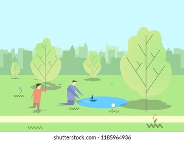 Father and son rest in the park. Vector illustration in a flat style. The guy mocks the toy airplane. Father launches the boat on the water
