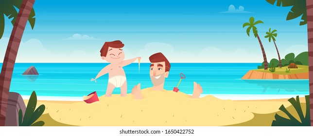 Father and son are resting and playing on a tropical beach. Family Summer Vacation Concept