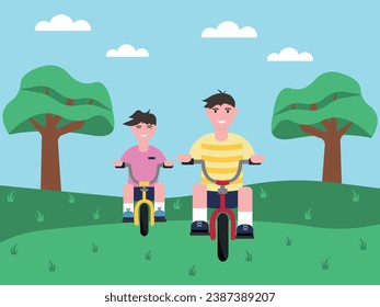 Father and son ride a bicycle in the park. cycling. fathers day. Boys ride a bicycle. Outdoor recreation. Parent and child walk together. A fun activity for dad and child. Vector