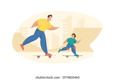 Father and son ride skateboard in park. Energetic man rushes board with rollers along with joyful boy in protective knee pads. Outdoor activities in skate area. Vector flat illustration