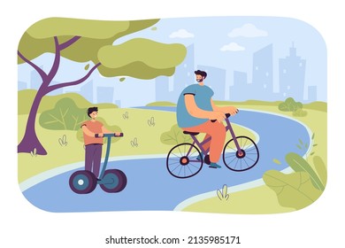 Father and son riding bike and hoverboard in park. Dad and kid spending time together, doing physical activity flat vector illustration. Sport concept for banner, website design or landing web page