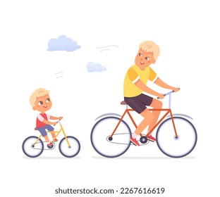 Father and son riding bikes, family ride vector illustration. Cartoon happy dad and boy cycling in summer park together, healthy sport activity and fun leisure of active male cyclists characters