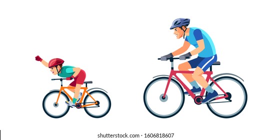 Father and son are riding bikes. Happy family is riding bikes outdoors and smiling in the park. Boy is ahead of his father.  Cartoon, flat vector illustration isolated on white background.