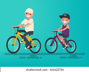 Pai e filho andando de bicicleta. Ilustração vetorial de um projeto plano