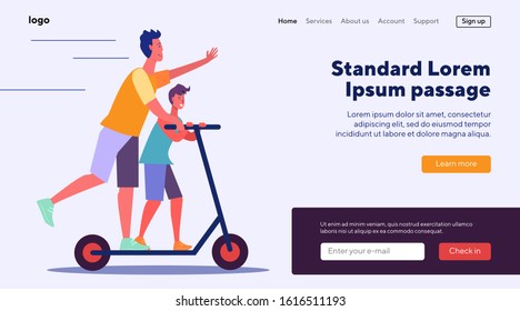 Father and son riding scooter. Elder and younger brother having fun flat vector illustration. Leisure, sport activities concept for banner, website design or landing web page