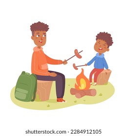 Father and son roast meat sausages on fun family picnic vector illustration. Cartoon dad and boy cooking barbeque sausage on bonfire in summer nature, happy people eating barbecue food on weekend