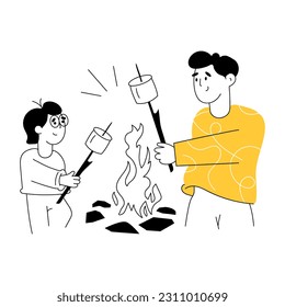 Father and son roasting marshmallows, hand drawn illustration 