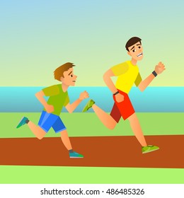 Father and son run the sport.Vector illustration of a flat design.