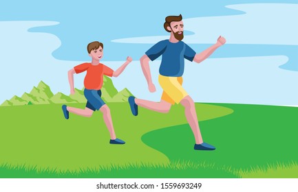 father and son running or jogging on grass vector illustration