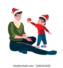 Father and son with santas hat design, Merry christmas season decoration card invitation celebration and holiday theme Vector illustration