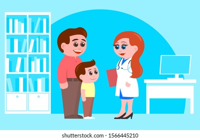 A father and son of school age communicate with a woman as a pediatrician in her office. Everyone is smiling. Cartoon vector illustration.