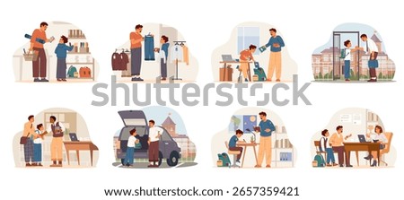 Father and son school life flat vector scenes set. Father involved in his primary school boy son daily life Buying stationary, school uniform, talking to teacher, making homework, takes to school