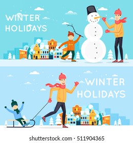 Father and son sculpt snowman. Father sledding child. Winter cityscape, fun, vacation, sports, outdoors. New year. Banners. Flat design vector illustration.