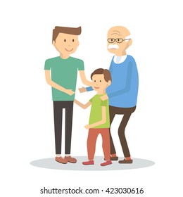 Father, son and senior grandfather. Happy family. Happy father's day. Father, grandfather, grandchild. Old man and young. Vector flat design illustration 
